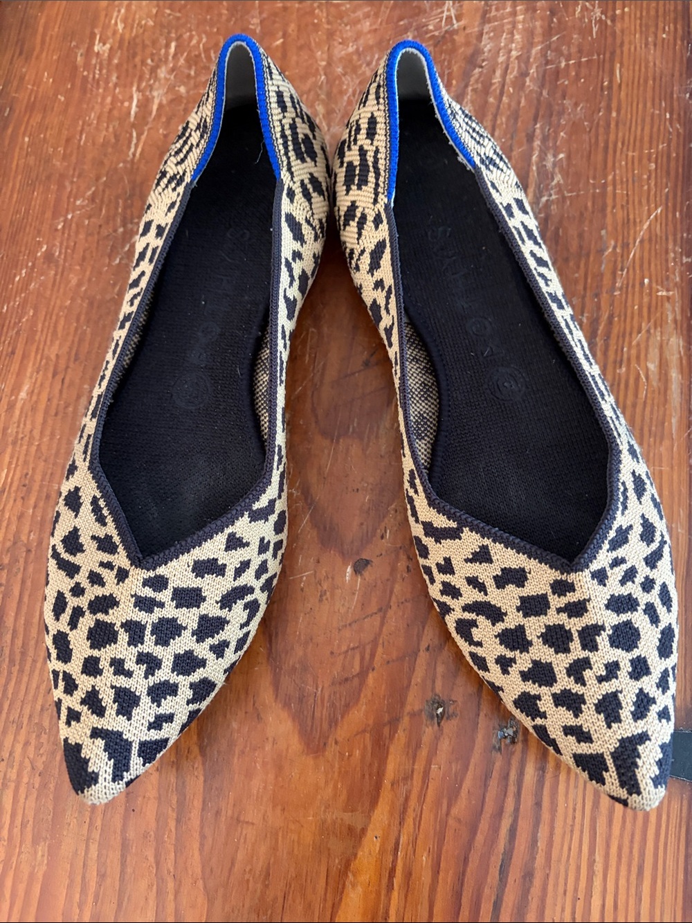 Rothy's Leopard-Print Pointed Flats with Blue Trim